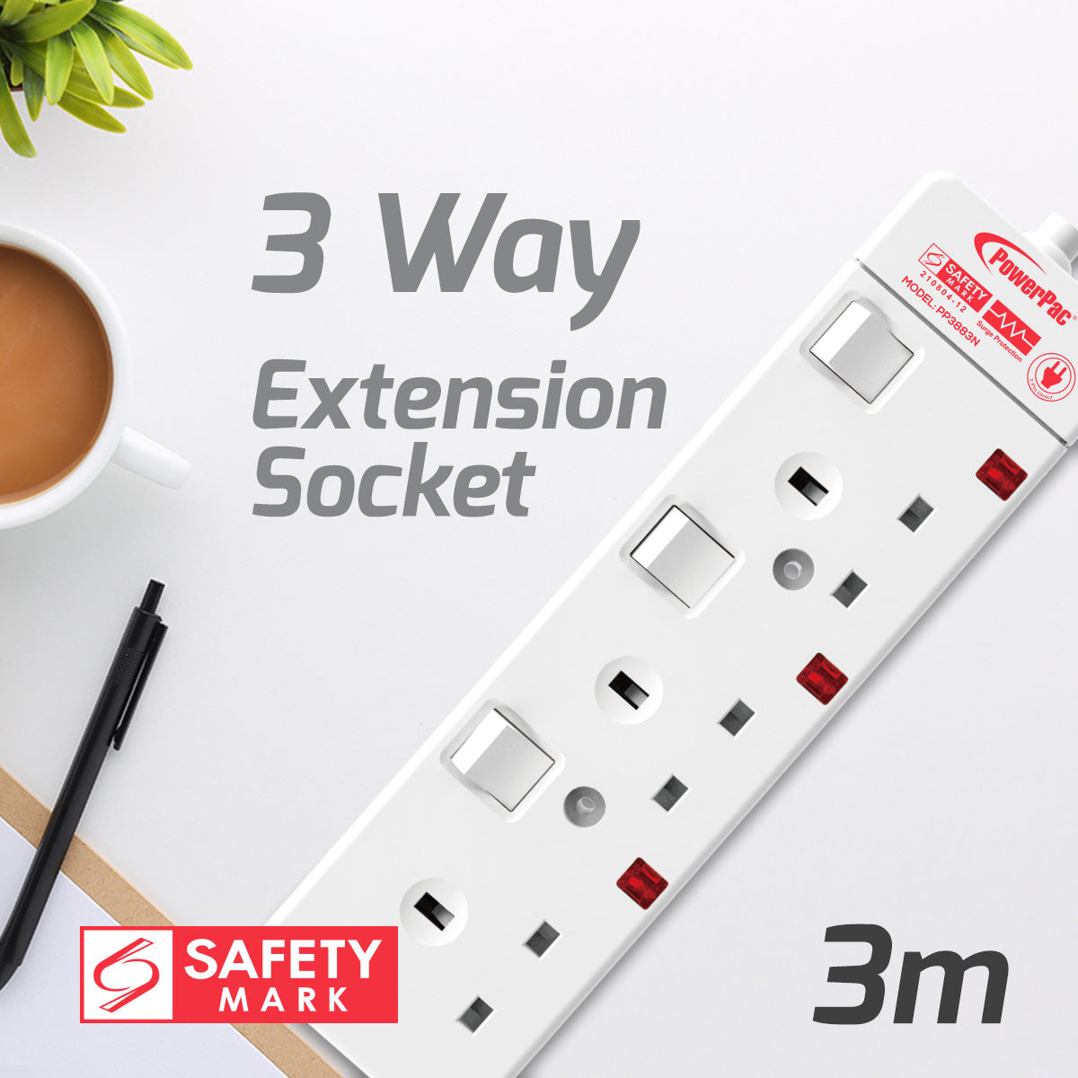 Extension Socket Extension Cord, Power Cord, Power Extension 3 way 3 meter (PP3883N)
