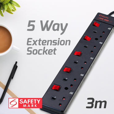 Extension Cord, Extension Socket, Power Extension 3 Metre 5 way (PP3885BK)