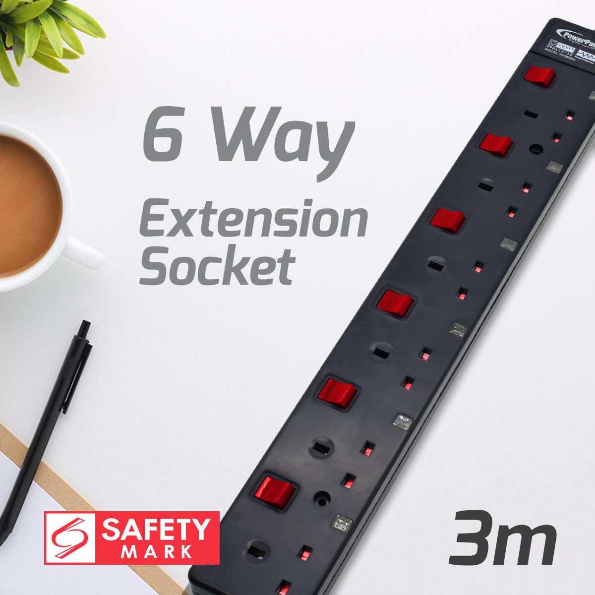 6 Way Safety Extension Socket 3 Meter with 2-Pin direct. (PP3886BK)