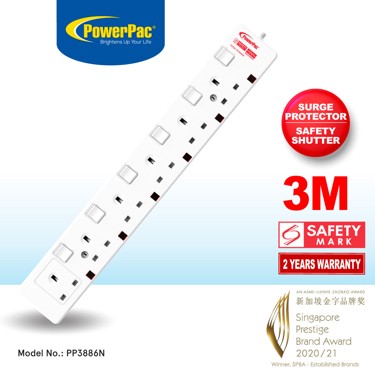 Extension Socket Extension Cord, Power Cord, Power Extension 6 way 3 meter (PP3886N)