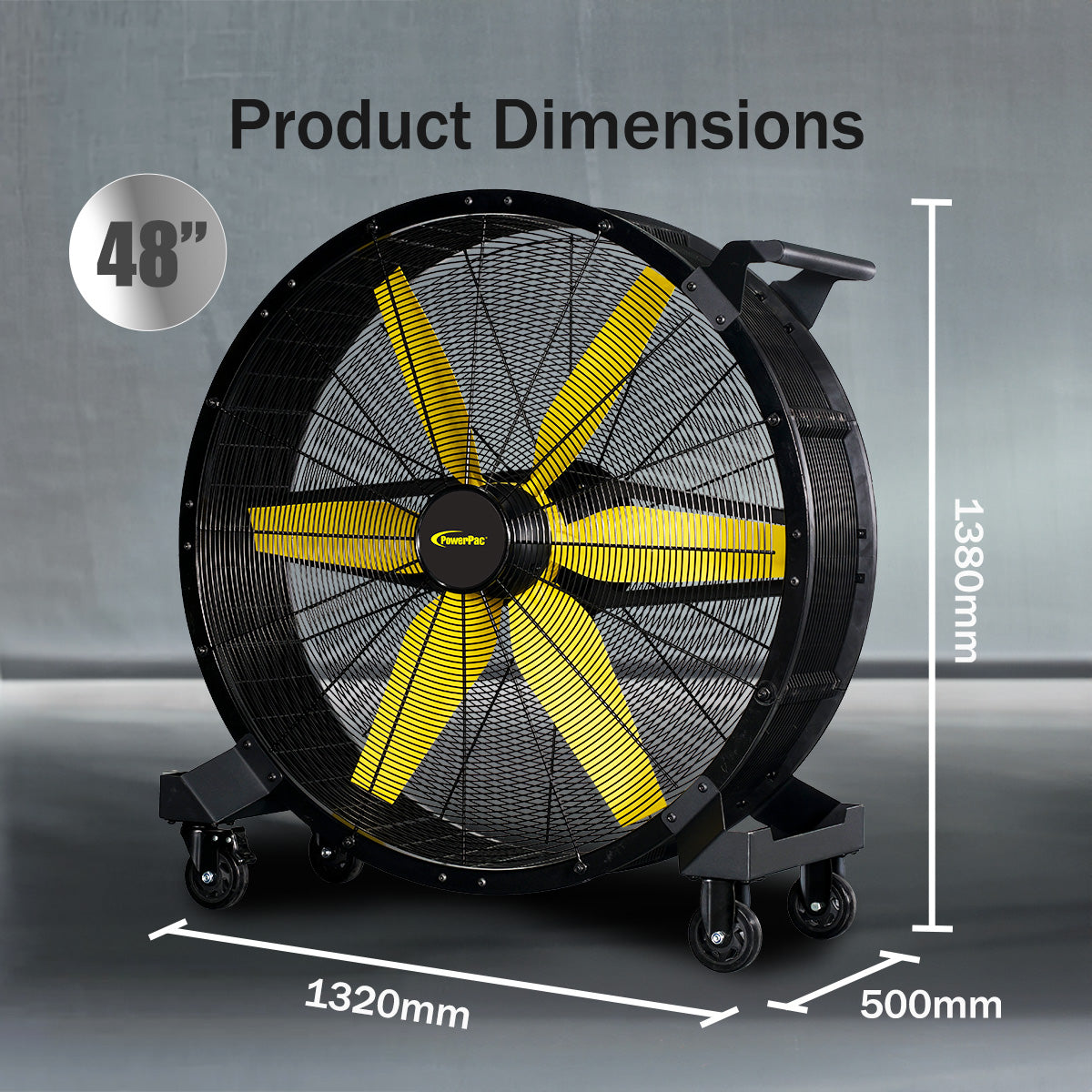 48” Big Industrial Drum Fan – Powerful, Direct-drive Motor, 6 Blades, Portable with Wheels, Sturdy, 7-Speed, black, PPP4822