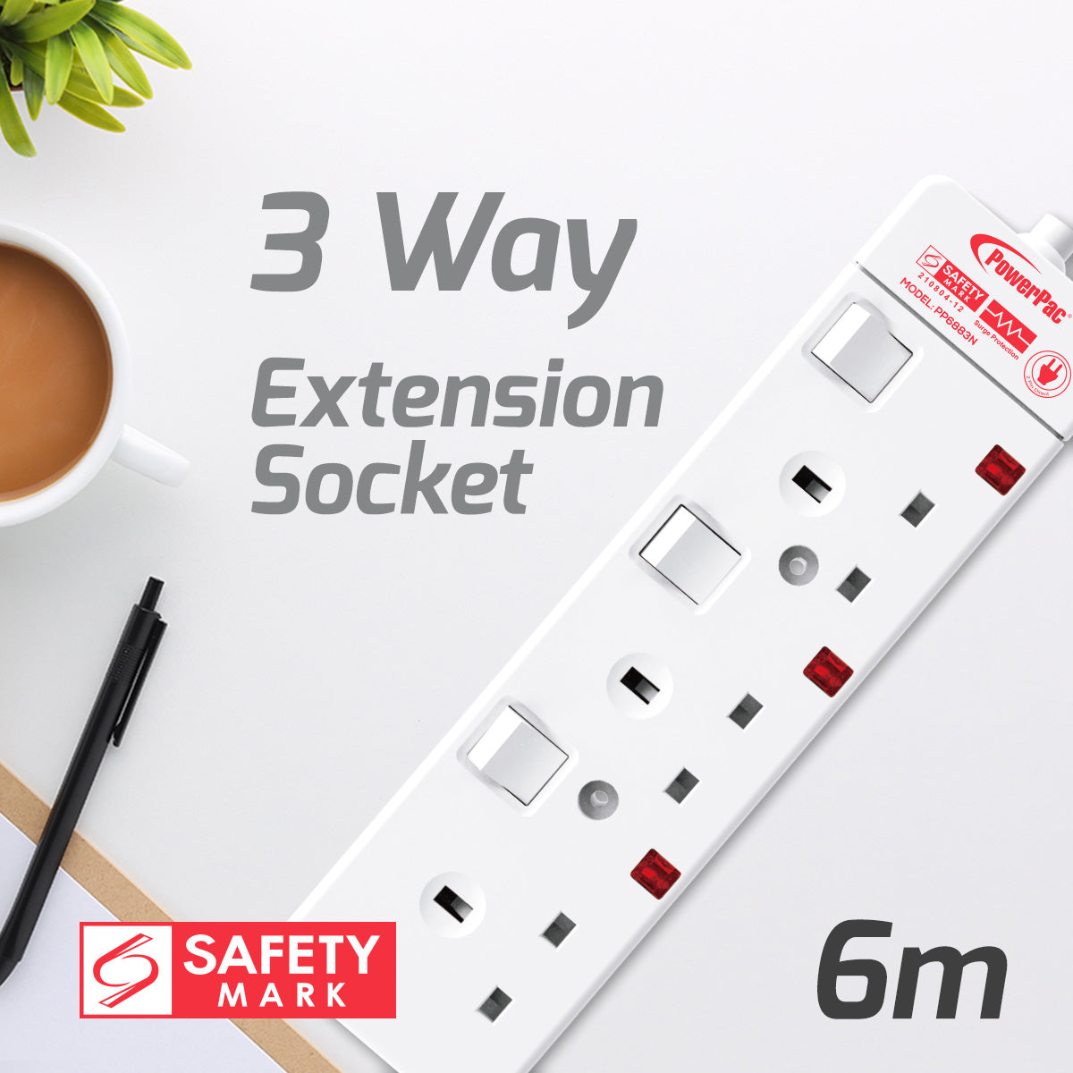 Extension Socket Extension Cord, Power Cord, Power Extension 3 way 6 meter (PP6883N)