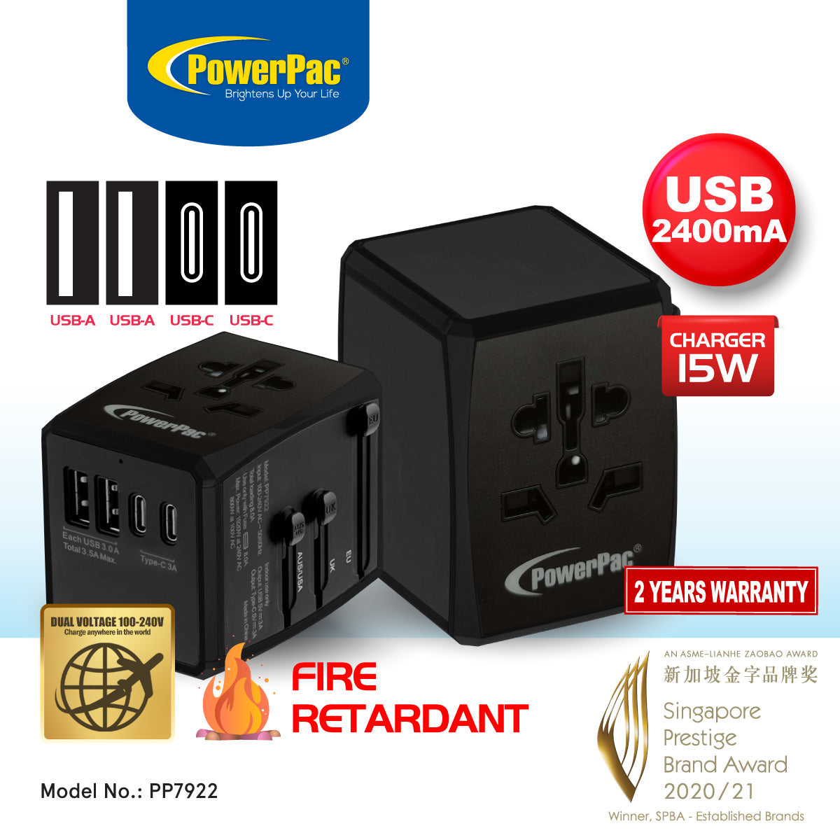 Multi Travel Adapter With 2x USB-A + 2x USB-C Charger | PD 15W USB Charger (PP7922)