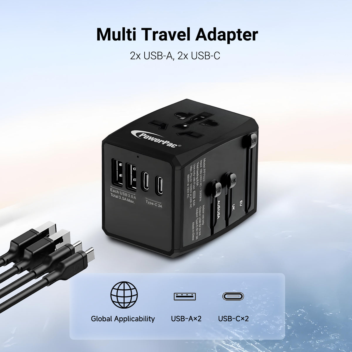 Universal Travel Adapter + USB Smart Charger – Multi Sockets & Plugs, Neon LED, PP7922