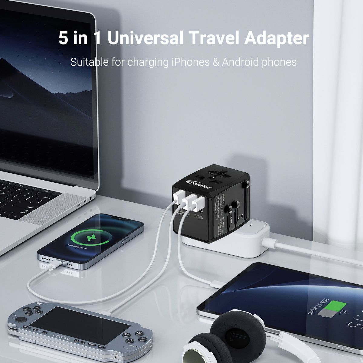 Universal Travel Adapter + USB Smart Charger – Multi Sockets & Plugs, Neon LED, PP7922