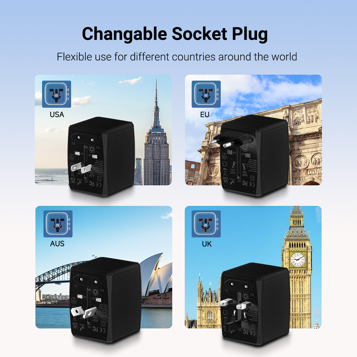 Universal Travel Adapter + USB Smart Charger – Multi Sockets & Plugs, Neon LED, PP7922