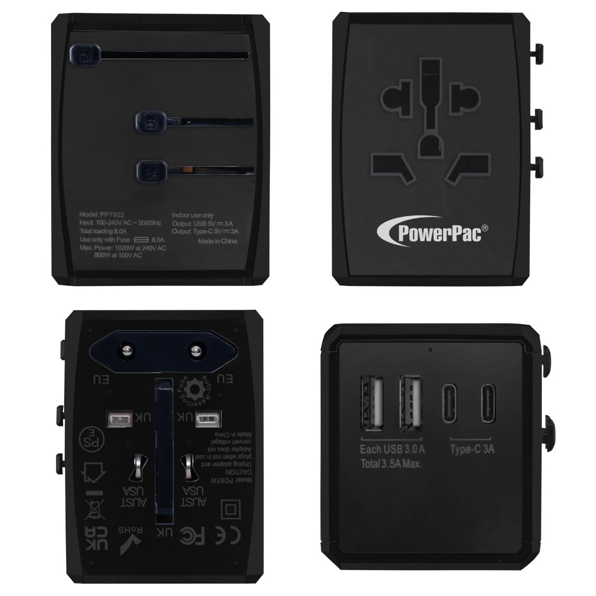 Universal Travel Adapter + USB Smart Charger – Multi Sockets & Plugs, Neon LED, PP7922
