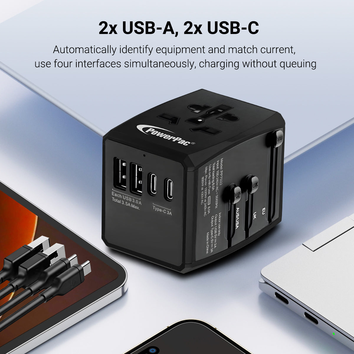 Universal Travel Adapter + USB Smart Charger – Multi Sockets & Plugs, Neon LED, PP7922