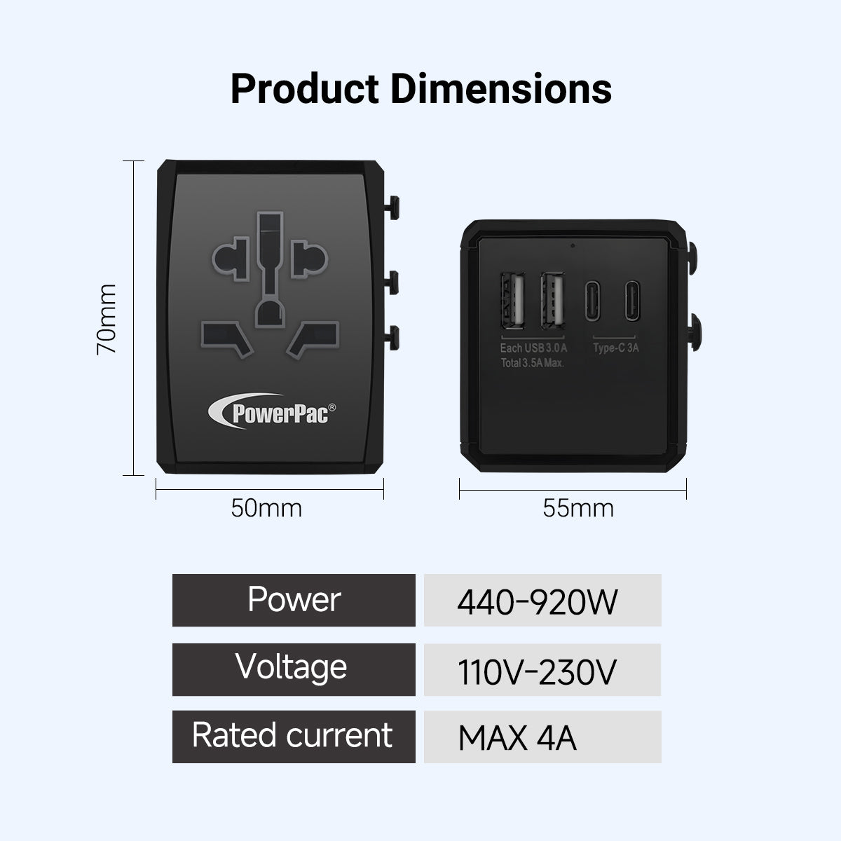 Universal Travel Adapter + USB Smart Charger – Multi Sockets & Plugs, Neon LED, PP7922