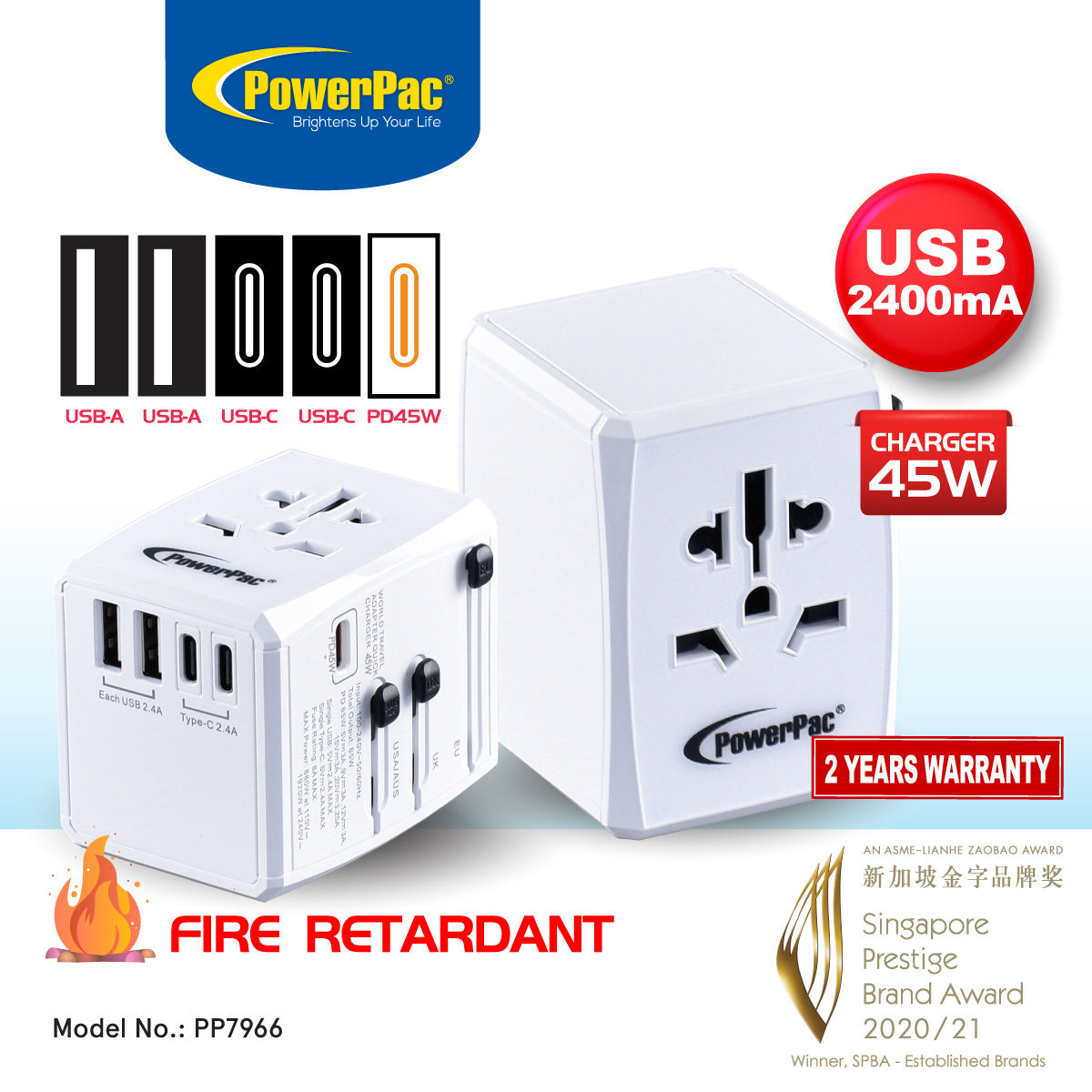 Multi Travel Adapter With 2x USB-A + 3x USB-C Charger | PD 45W USB Charger (PP7966)