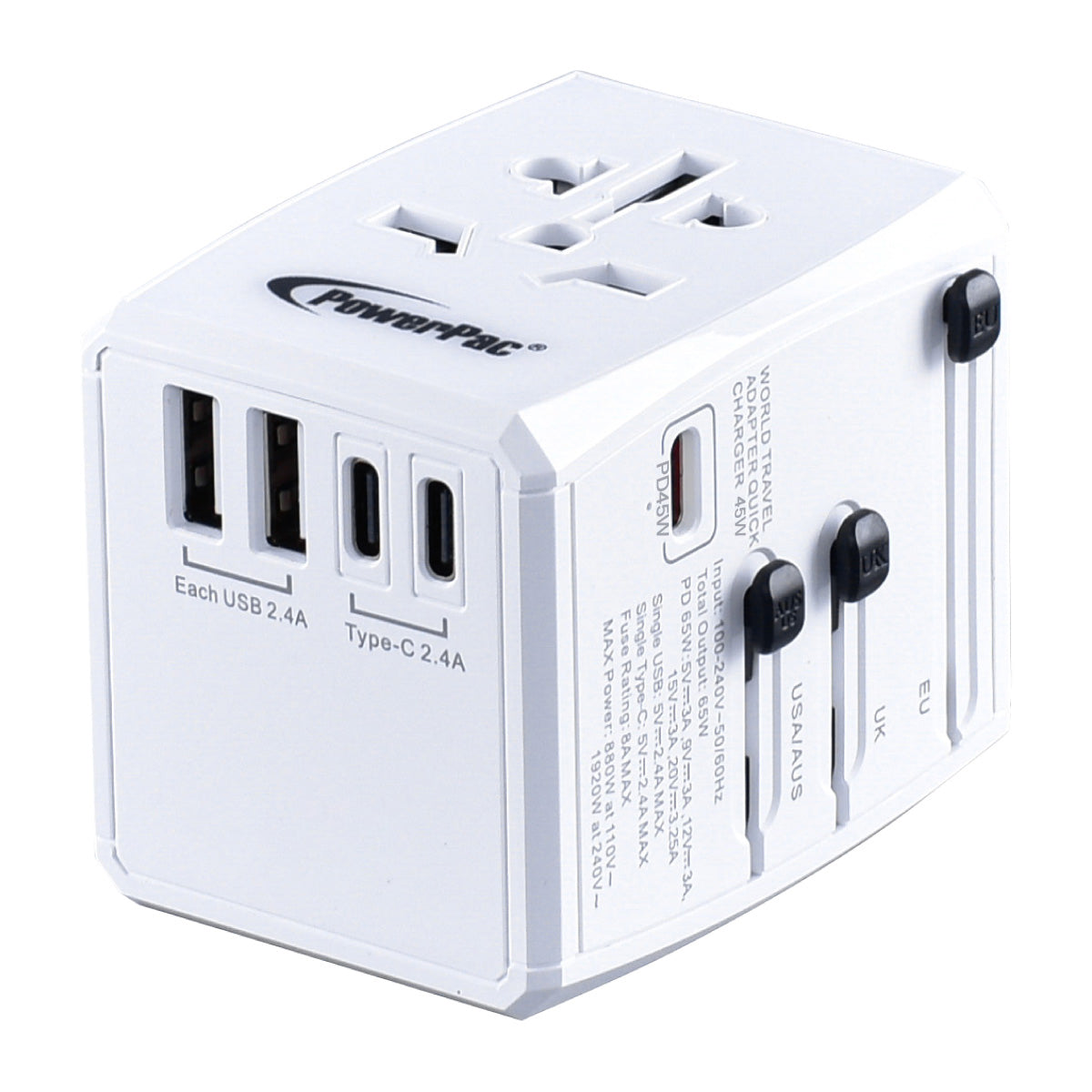 45W Universal Travel Adapter + USB Smart & Fast Charger – Multi Sockets & Plugs, Neon LED, PP7966