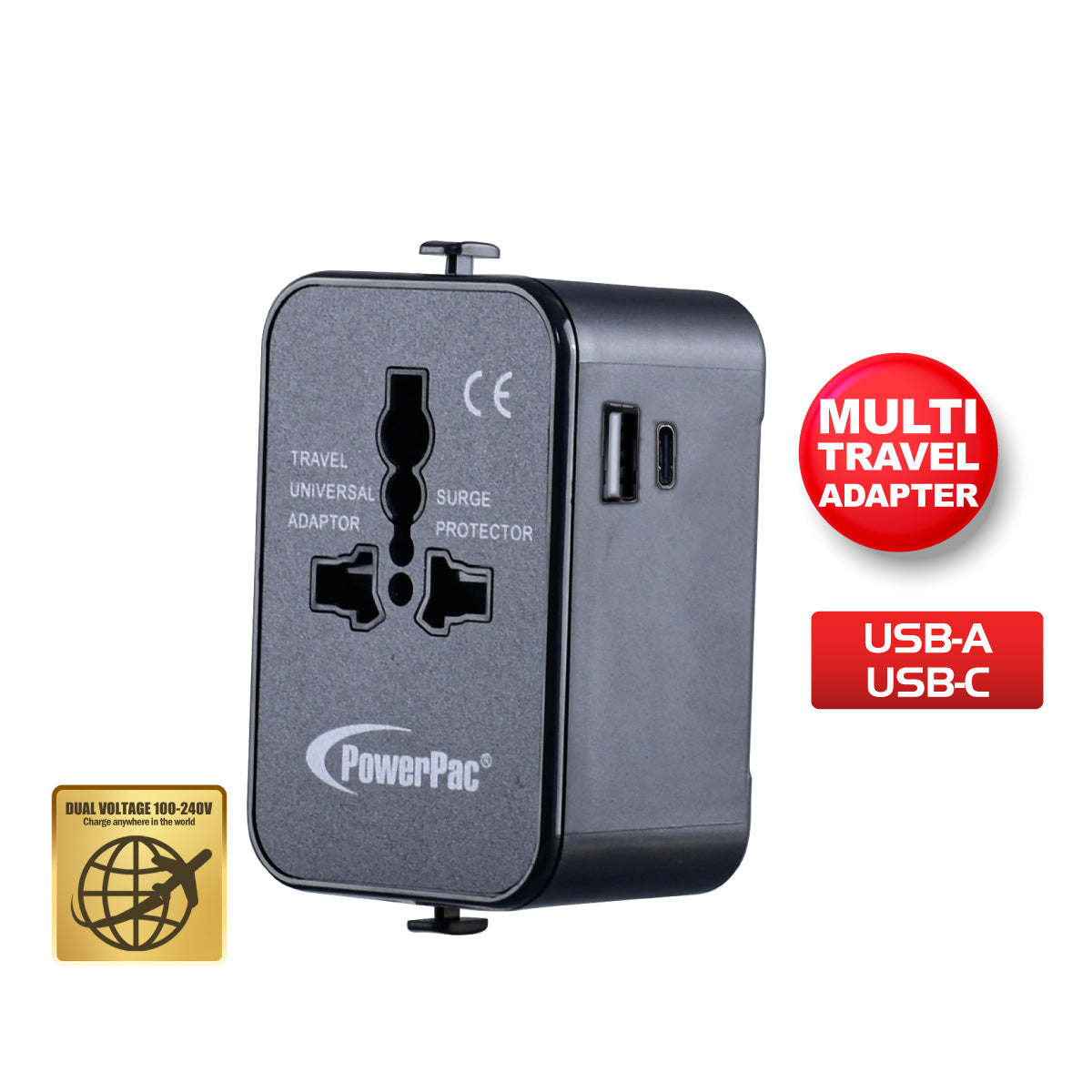 Multi Travel Adapter With USB-A, USB-C Charger US UK EU AU Adapter (PP7976)