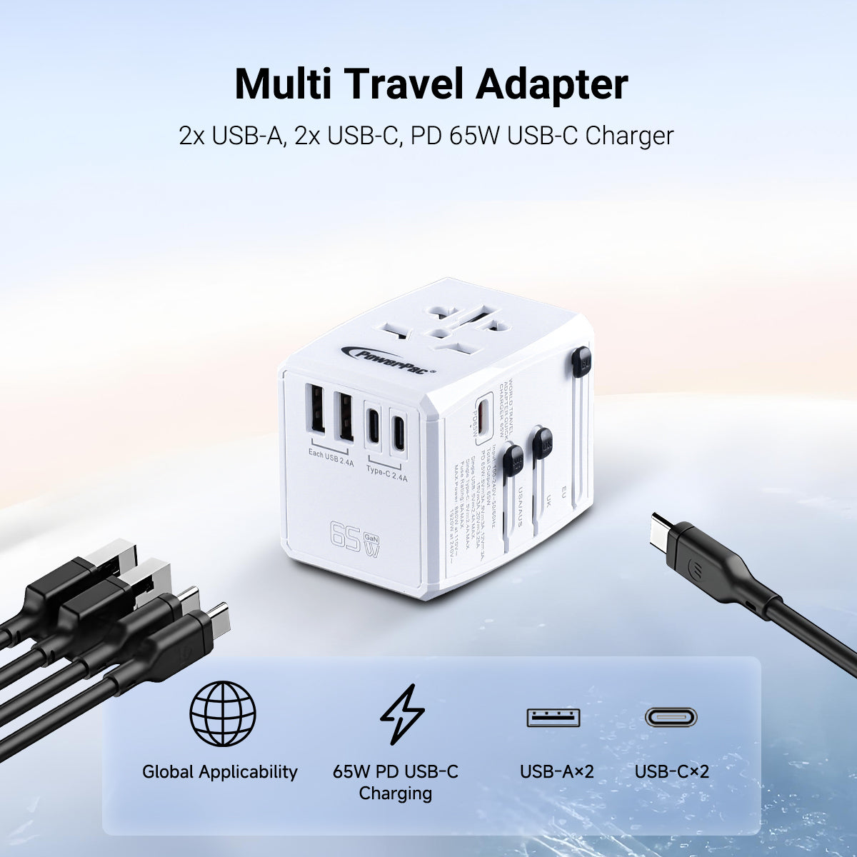 65W Universal Travel Adapter + USB Smart & Fast Charger – Multi Sockets & Plugs, Neon LED, PP7977