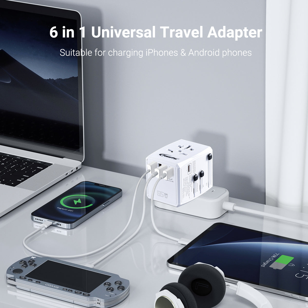 65W Universal Travel Adapter + USB Smart & Fast Charger – Multi Sockets & Plugs, Neon LED, PP7977