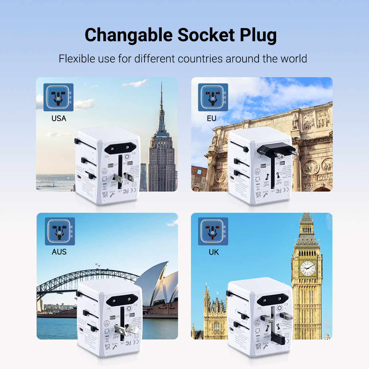 65W Universal Travel Adapter + USB Smart & Fast Charger – Multi Sockets & Plugs, Neon LED, PP7977