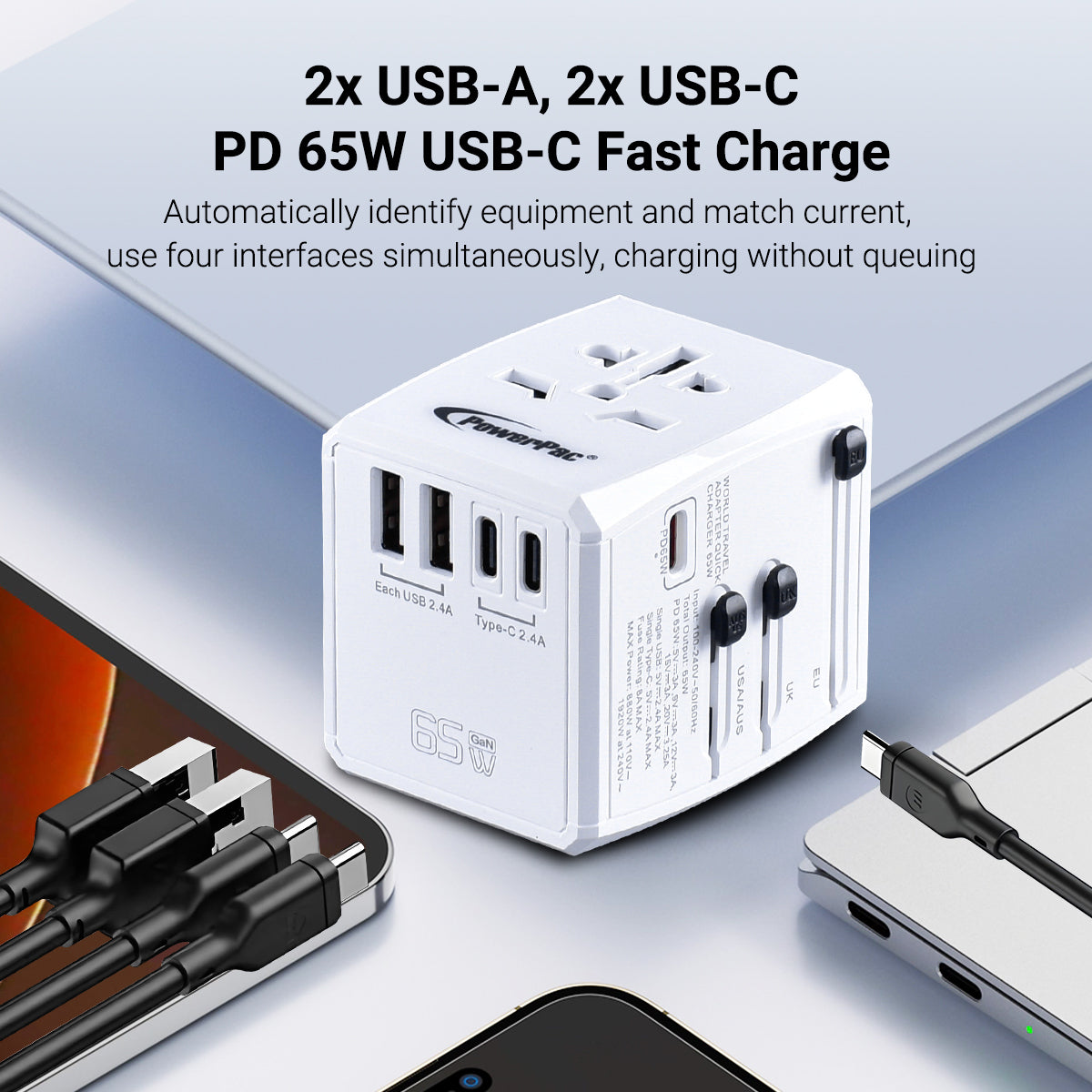 65W Universal Travel Adapter + USB Smart & Fast Charger – Multi Sockets & Plugs, Neon LED, PP7977