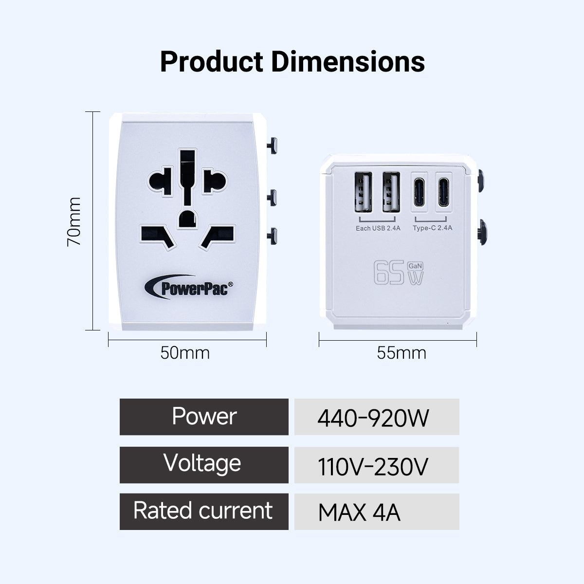 65W Universal Travel Adapter + USB Smart & Fast Charger – Multi Sockets & Plugs, Neon LED, PP7977