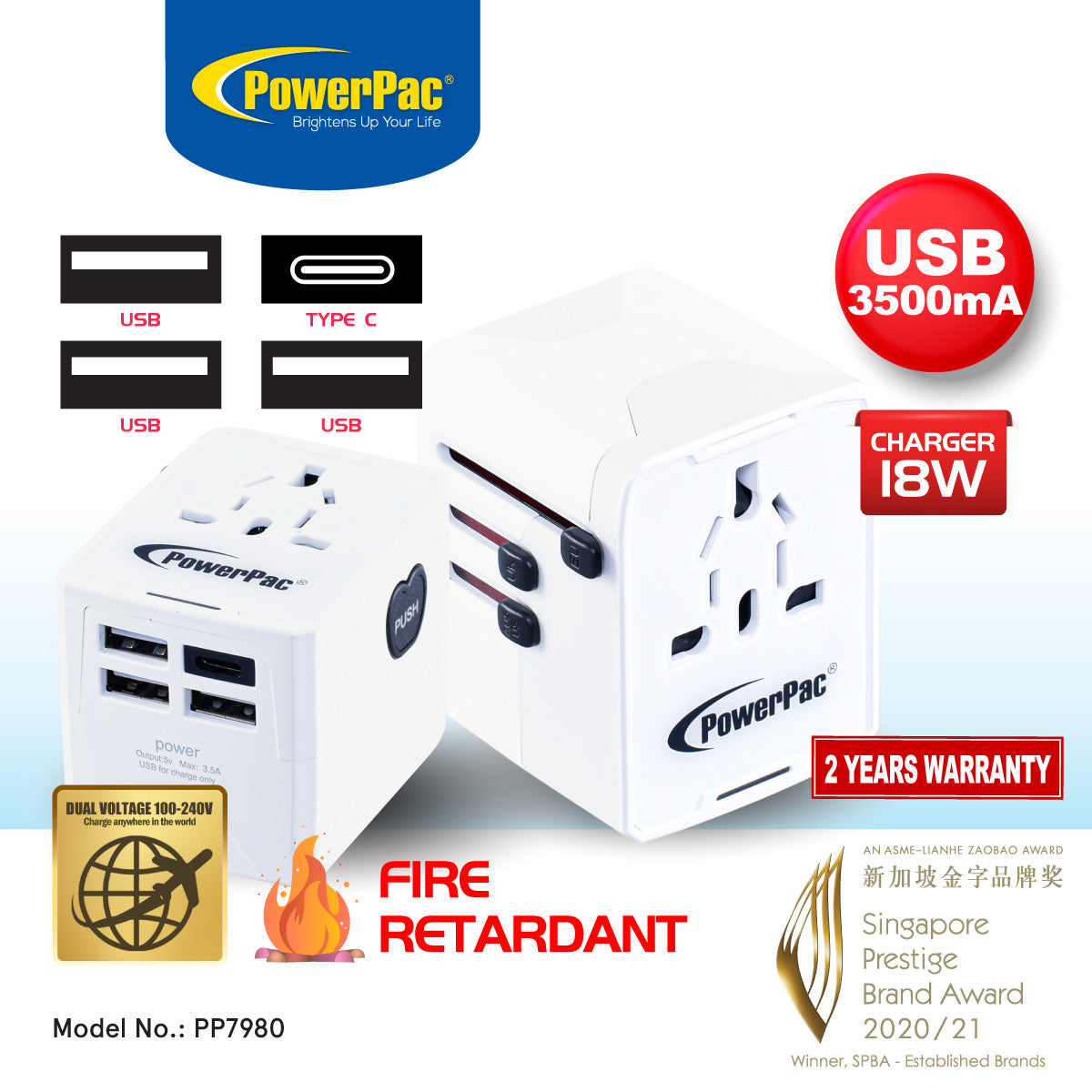 Universal Travel Adapter + USB Smart & Fast Charger – Multi Sockets & Plugs, Neon LED, PP7980