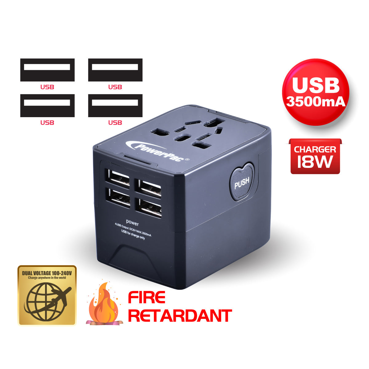 Multi Travel Adapter With 4 USB Charger (PP7981) BK
