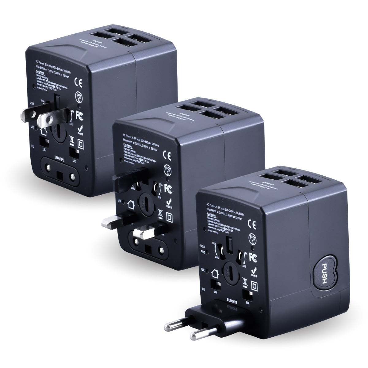 Universal Travel Adapter + USB Smart & Fast Charger – Multi Sockets & Plugs, Neon LED, PP7981BK