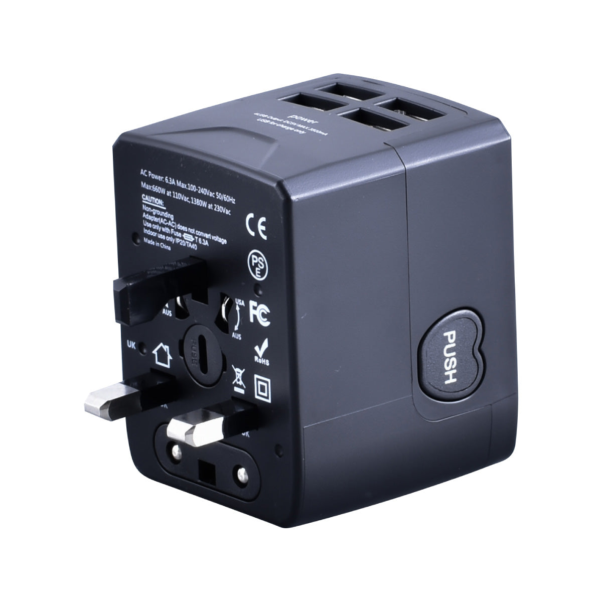 Universal Travel Adapter + USB Smart & Fast Charger – Multi Sockets & Plugs, Neon LED, PP7981BK