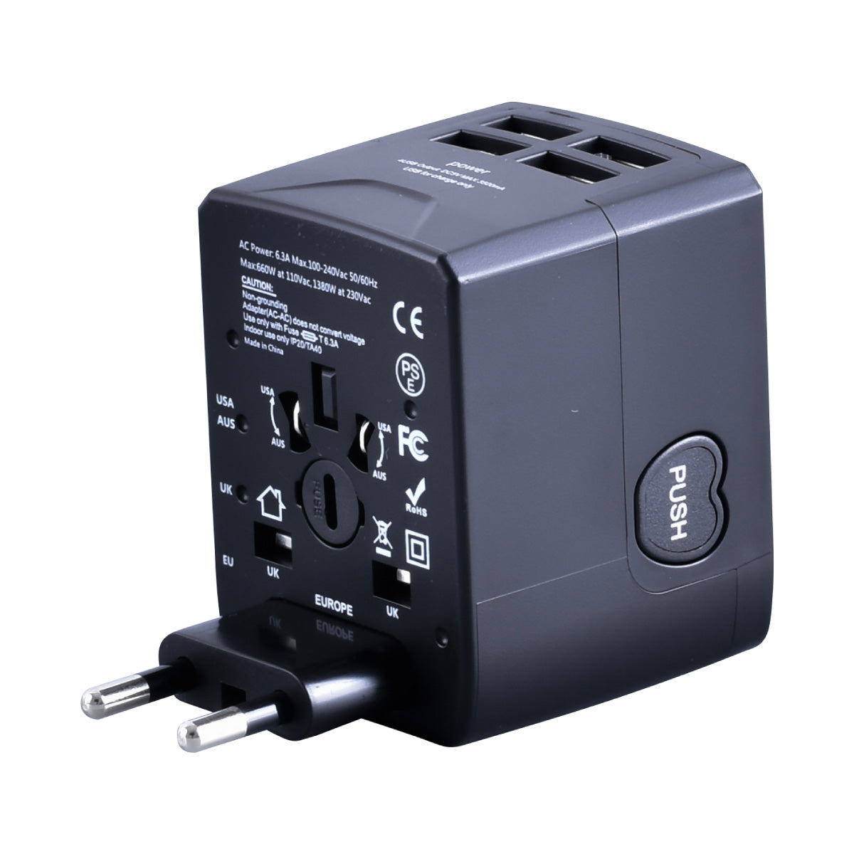 Universal Travel Adapter + USB Smart & Fast Charger – Multi Sockets & Plugs, Neon LED, PP7981BK