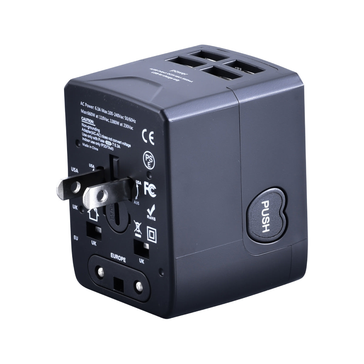 Universal Travel Adapter + USB Smart & Fast Charger – Multi Sockets & Plugs, Neon LED, PP7981BK