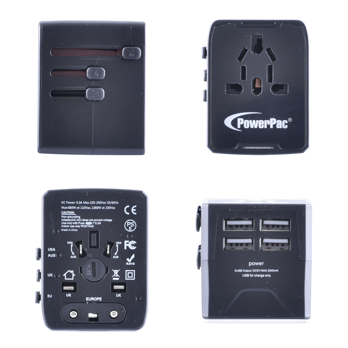 Universal Travel Adapter + USB Smart & Fast Charger – Multi Sockets & Plugs, Neon LED, PP7981BK