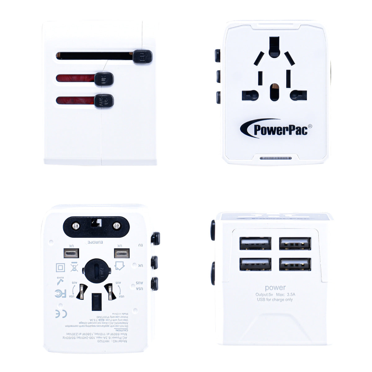 Universal Travel Adapter + USB Smart & Fast Charger – Multi Sockets & Plugs, Neon LED, PP7981WH