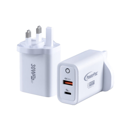 USB Smart & Fast Charger - 1 QC3.0 USB-A, 1 PD3.0 USB-C, Dual Voltage 100-240 AC, 30W, PP7983WH