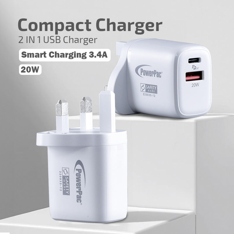 USB Smart & Fast Charger - 1 USB-A, 1 PD3.0 USB-C, Dual Voltage 100-240 AC, 20W, PP7982WH
