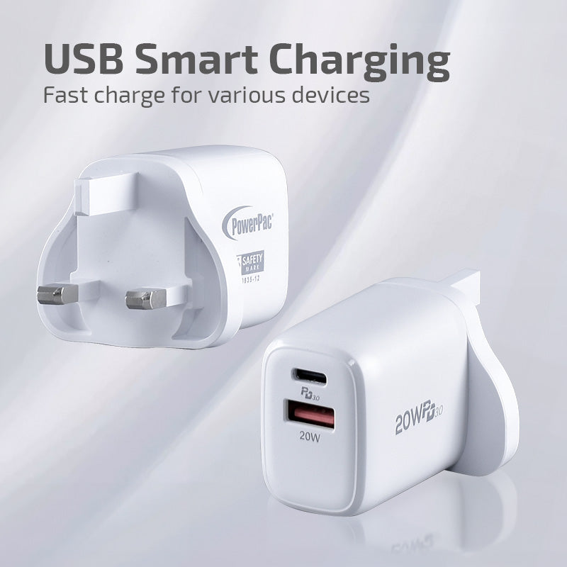 USB Smart & Fast Charger - 1 USB-A, 1 PD3.0 USB-C, Dual Voltage 100-240 AC, 20W, PP7982WH