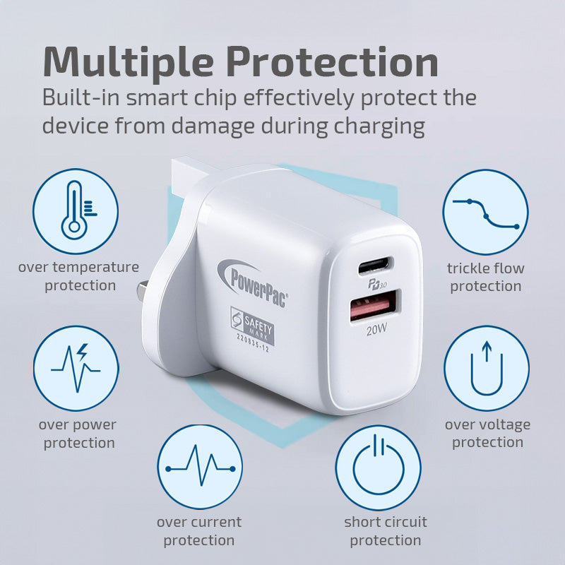 USB Smart & Fast Charger - 1 USB-A, 1 PD3.0 USB-C, Dual Voltage 100-240 AC, 20W, PP7982WH