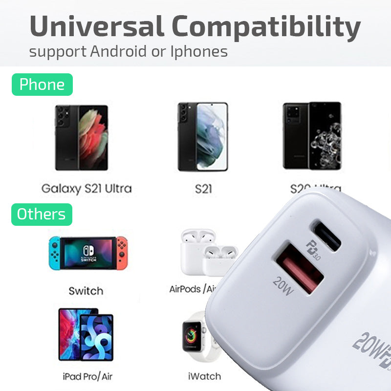 USB Smart & Fast Charger - 1 USB-A, 1 PD3.0 USB-C, Dual Voltage 100-240 AC, 20W, PP7982WH