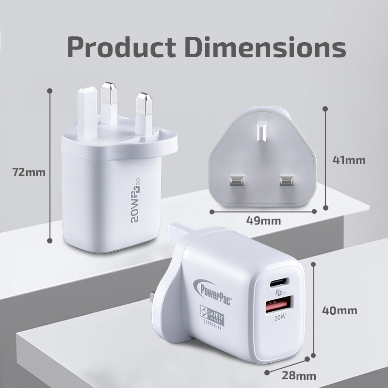 USB Smart & Fast Charger - 1 USB-A, 1 PD3.0 USB-C, Dual Voltage 100-240 AC, 20W, PP7982WH