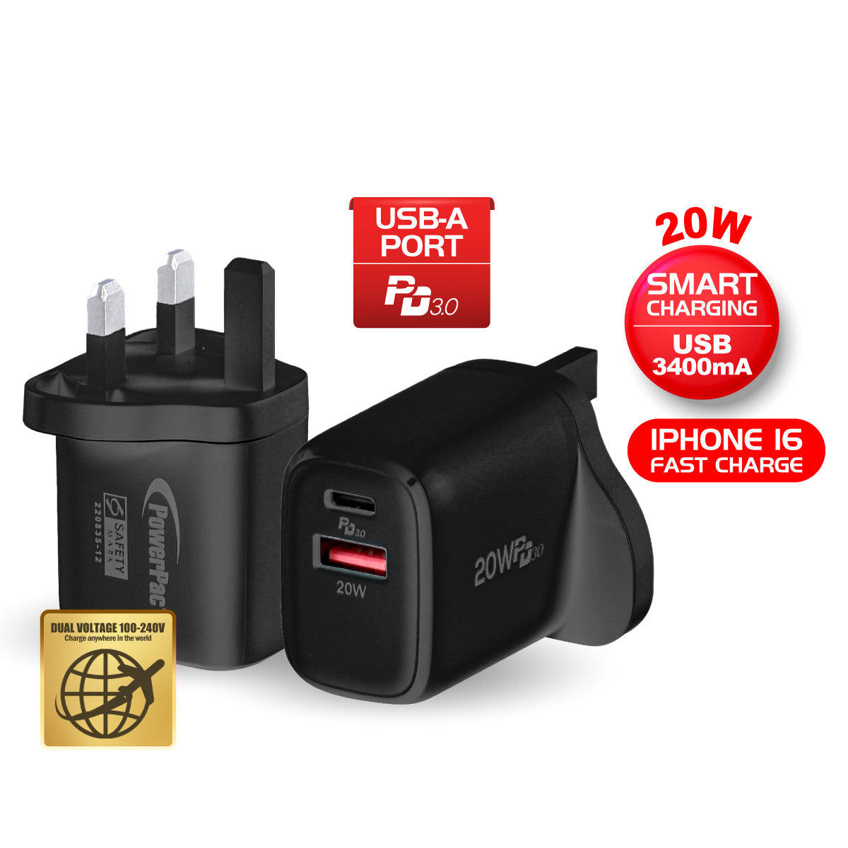 20W Charger Fast Charge QC3.0, PD 3.0 USB Smart Charger, TYPE A, TYPE C (PP7982) Black