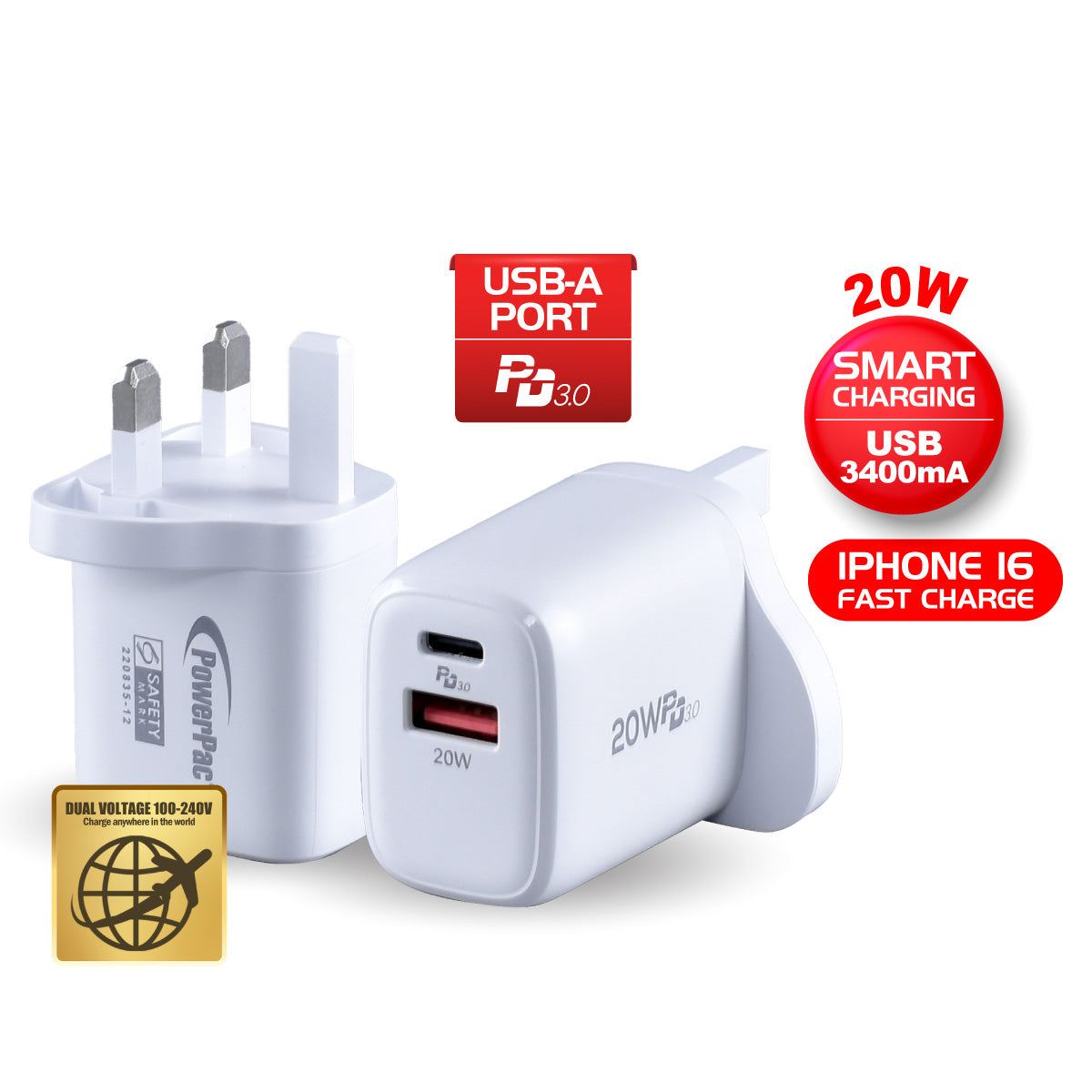 USB Smart & Fast Charger - 1 USB-A, 1 PD3.0 USB-C, Dual Voltage 100-240 AC, 20W, PP7982WH