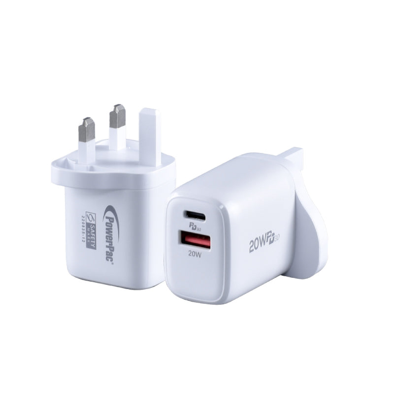 USB Smart & Fast Charger - 1 USB-A, 1 PD3.0 USB-C, Dual Voltage 100-240 AC, 20W, PP7982WH