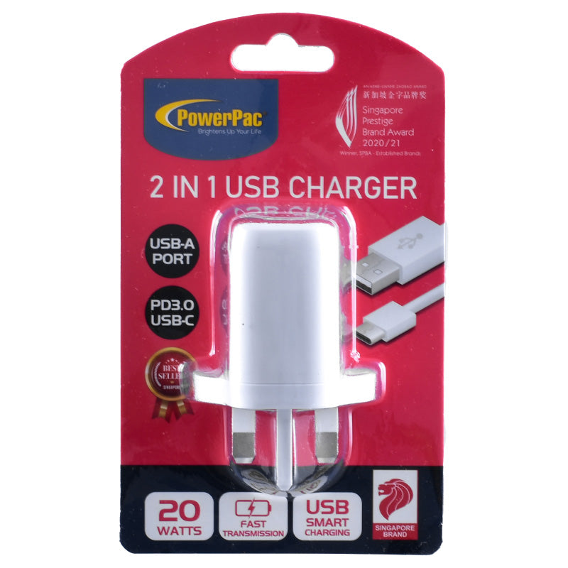 USB Smart & Fast Charger - 1 USB-A, 1 PD3.0 USB-C, Dual Voltage 100-240 AC, 20W, PP7982WH