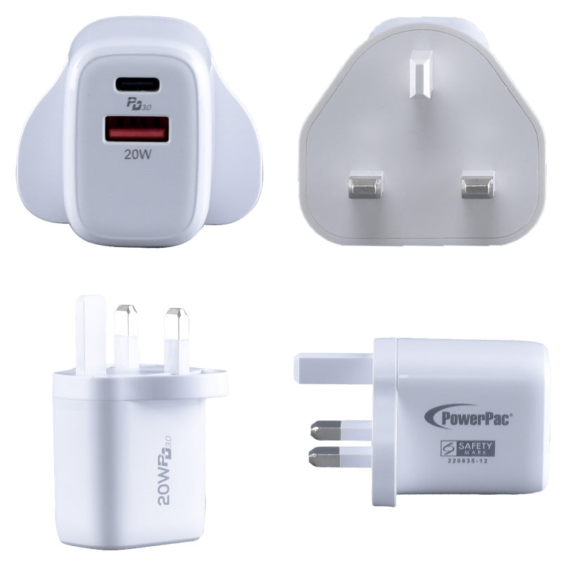 USB Smart & Fast Charger - 1 USB-A, 1 PD3.0 USB-C, Dual Voltage 100-240 AC, 20W, PP7982WH