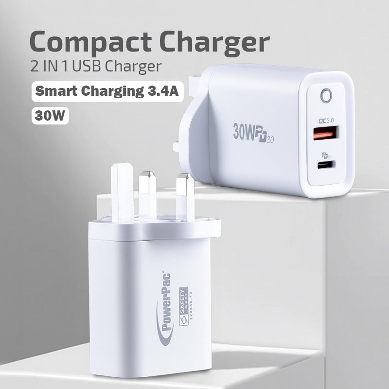 USB Smart & Fast Charger - 1 QC3.0 USB-A, 1 PD3.0 USB-C, Dual Voltage 100-240 AC, 30W, PP7983BK