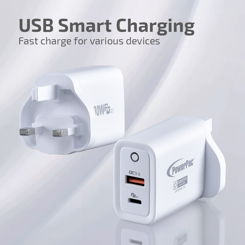 USB Smart & Fast Charger - 1 QC3.0 USB-A, 1 PD3.0 USB-C, Dual Voltage 100-240 AC, 30W, PP7983BK