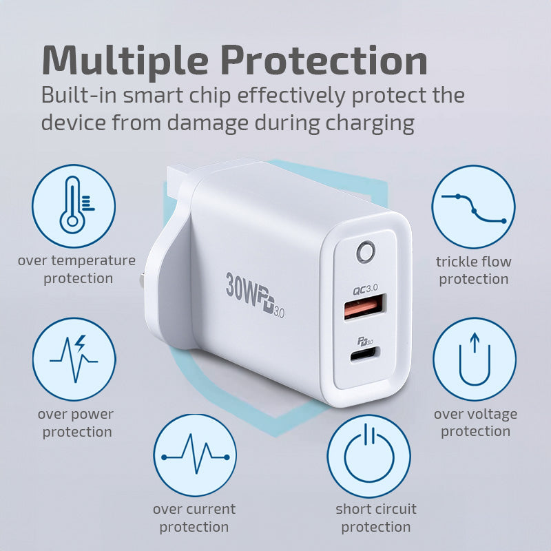 USB Smart & Fast Charger - 1 QC3.0 USB-A, 1 PD3.0 USB-C, Dual Voltage 100-240 AC, 30W, PP7983BK