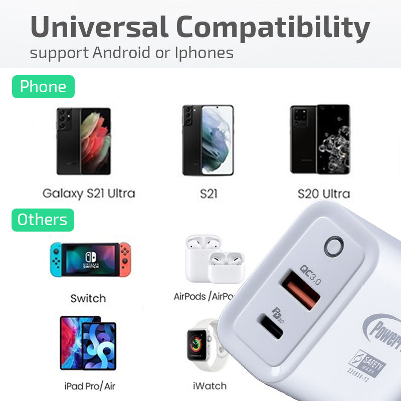 USB Smart & Fast Charger - 1 QC3.0 USB-A, 1 PD3.0 USB-C, Dual Voltage 100-240 AC, 30W, PP7983BK