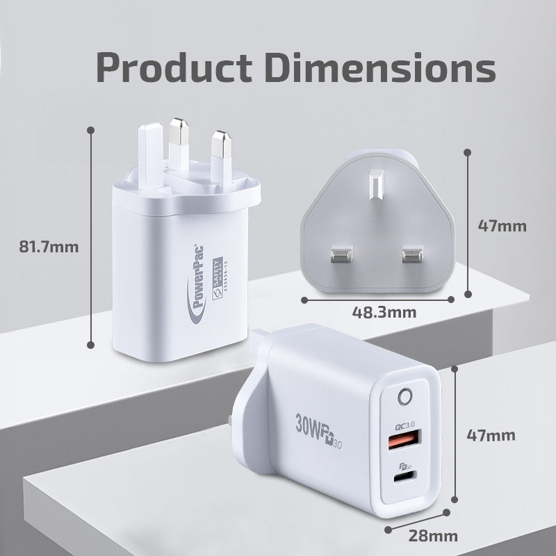 USB Smart & Fast Charger - 1 QC3.0 USB-A, 1 PD3.0 USB-C, Dual Voltage 100-240 AC, 30W, PP7983BK
