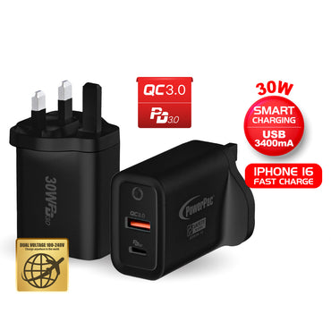 USB Smart & Fast Charger - 1 QC3.0 USB-A, 1 PD3.0 USB-C, Dual Voltage 100-240 AC, 30W, PP7983BK