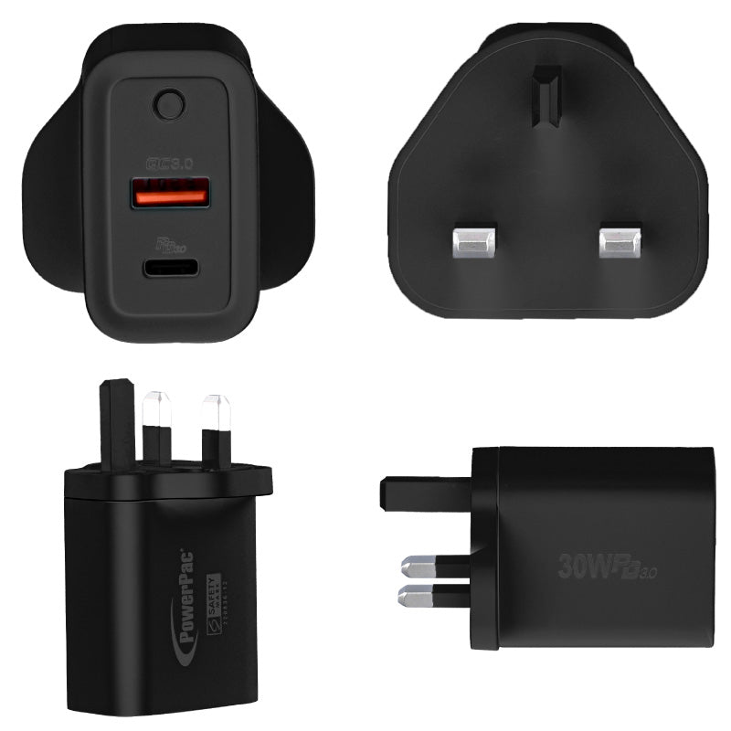 USB Smart & Fast Charger - 1 QC3.0 USB-A, 1 PD3.0 USB-C, Dual Voltage 100-240 AC, 30W, PP7983BK