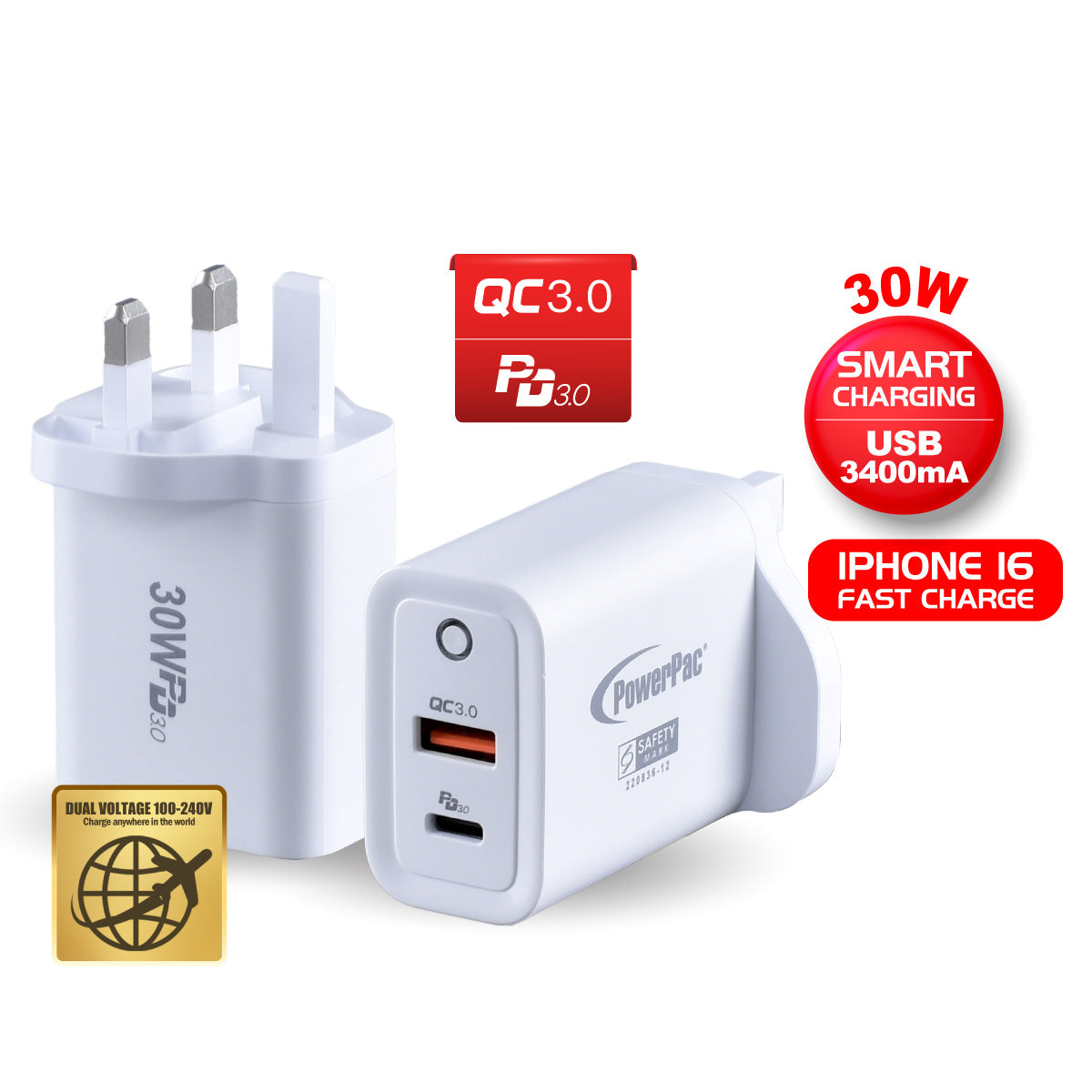 USB Smart & Fast Charger - 1 QC3.0 USB-A, 1 PD3.0 USB-C, Dual Voltage 100-240 AC, 30W, PP7983WH