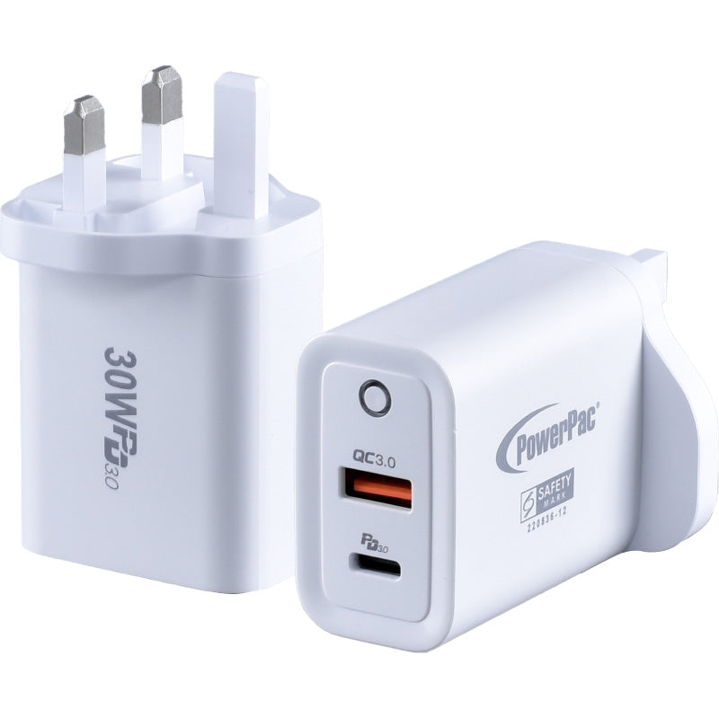 USB Smart & Fast Charger - 1 QC3.0 USB-A, 1 PD3.0 USB-C, Dual Voltage 100-240 AC, 30W, PP7983WH