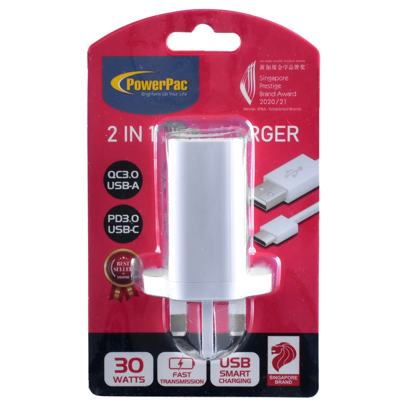 USB Smart & Fast Charger - 1 QC3.0 USB-A, 1 PD3.0 USB-C, Dual Voltage 100-240 AC, 30W, PP7983WH